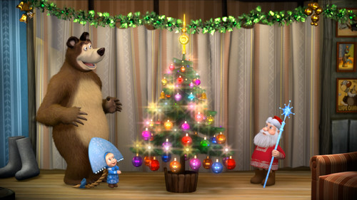 Маша и медведь, Дед мороз, ёлка, новогодние обои 1600px × 900px