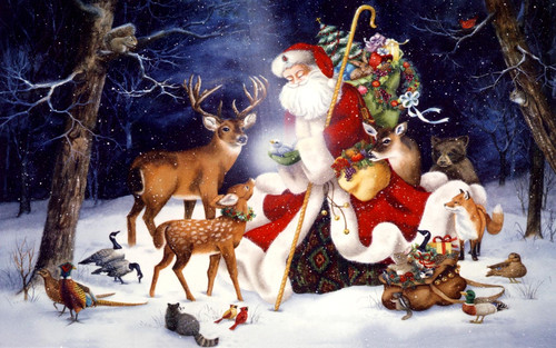 Санта Клаус и животные, обои на рабочий стол 1 680px × 1 050px